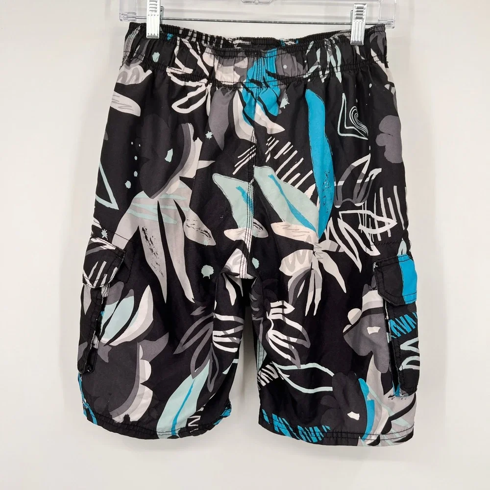 Kanu Surf Mens M‎ Swim Trunks Black Blue Floral Cargo Board Shorts Mesh Lining